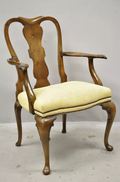 Antique 19th C English Queen Anne Carved Burr Walnut Splat Back Dining Arm Chair