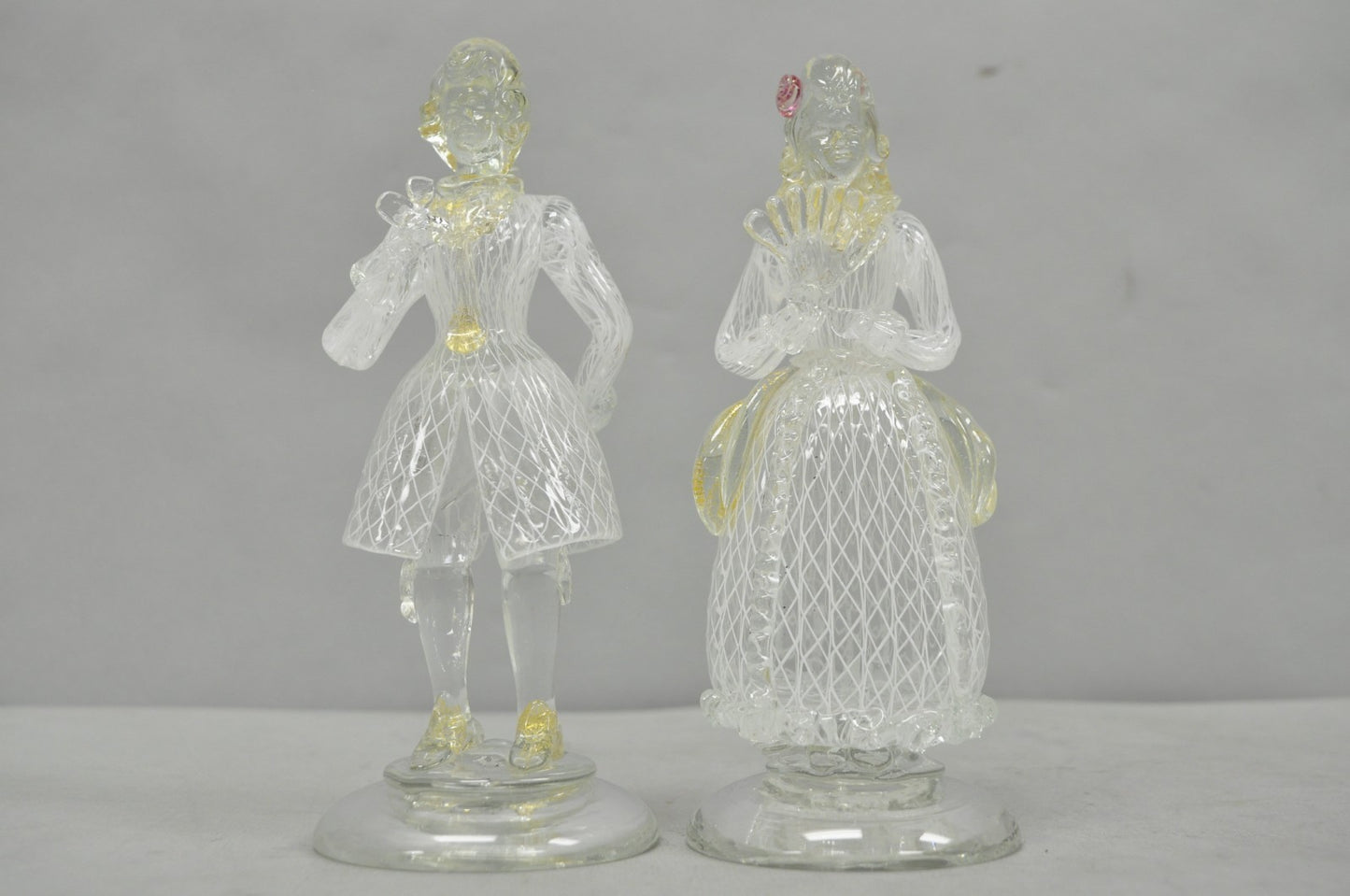 Vintage Italian Murano Latticino & Gold Leaf Art Glass Male & Female Figure Pair