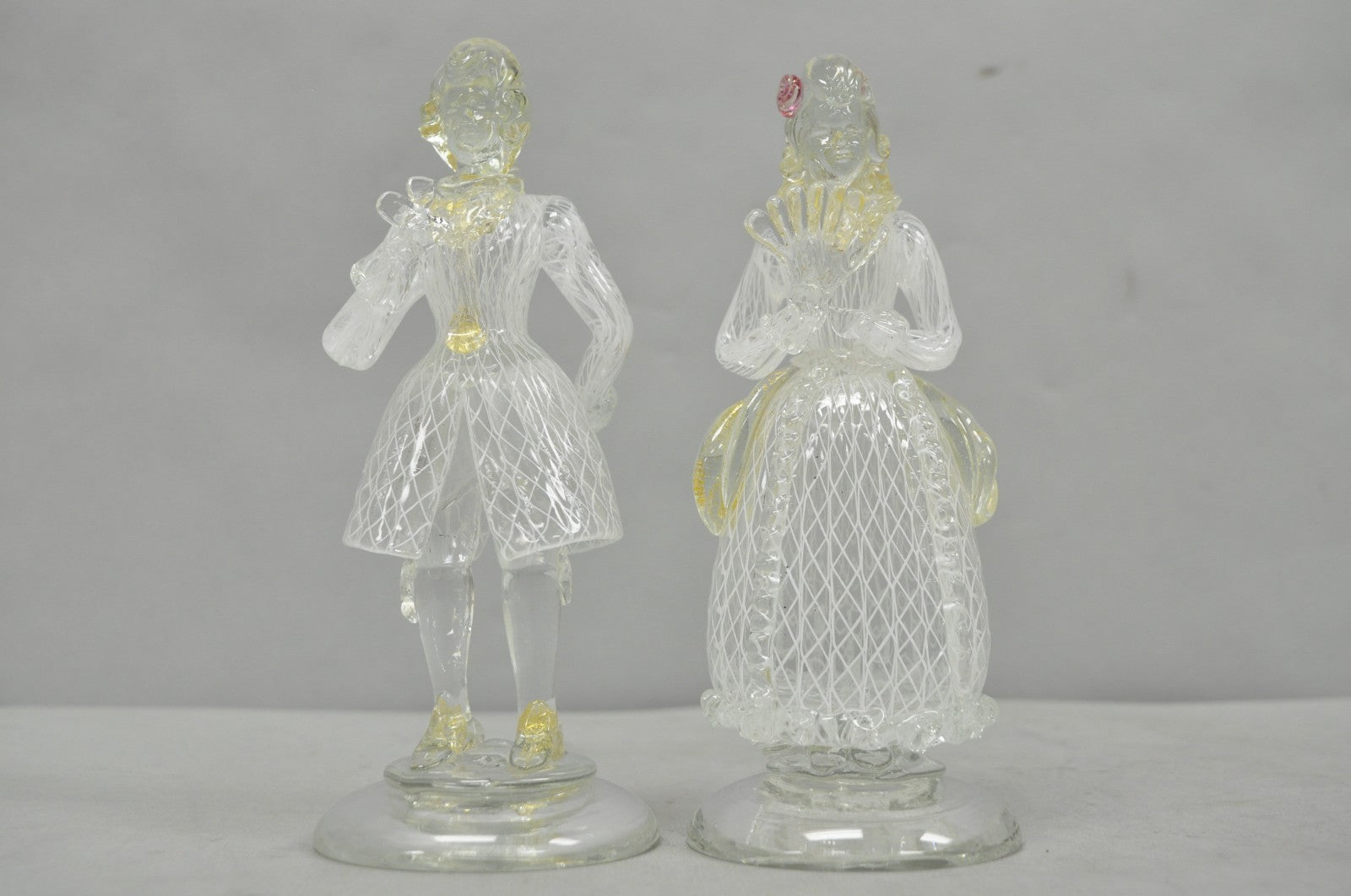 Vintage Italian Murano Latticino & Gold Leaf Art Glass Male & Female Figure Pair