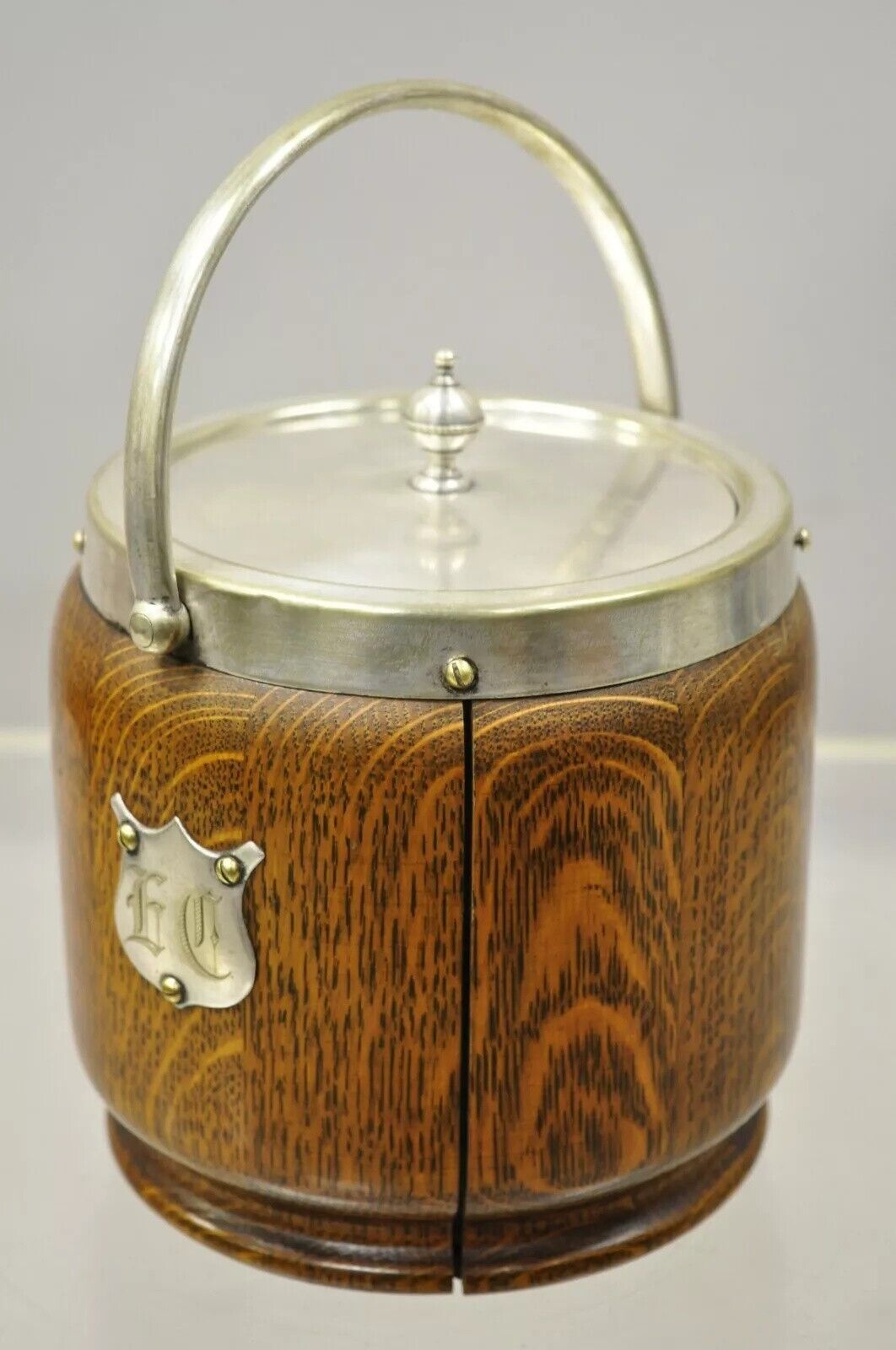 Antique H.C. & C. English Silver Plate and Oak Biscuit Barrel with Lid and Liner
