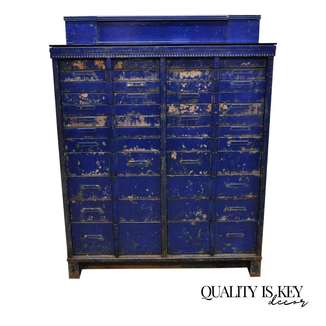 Vintage American Cabinet Co Steel Metal 24 Drawer Blue Dental Medical Cabinet