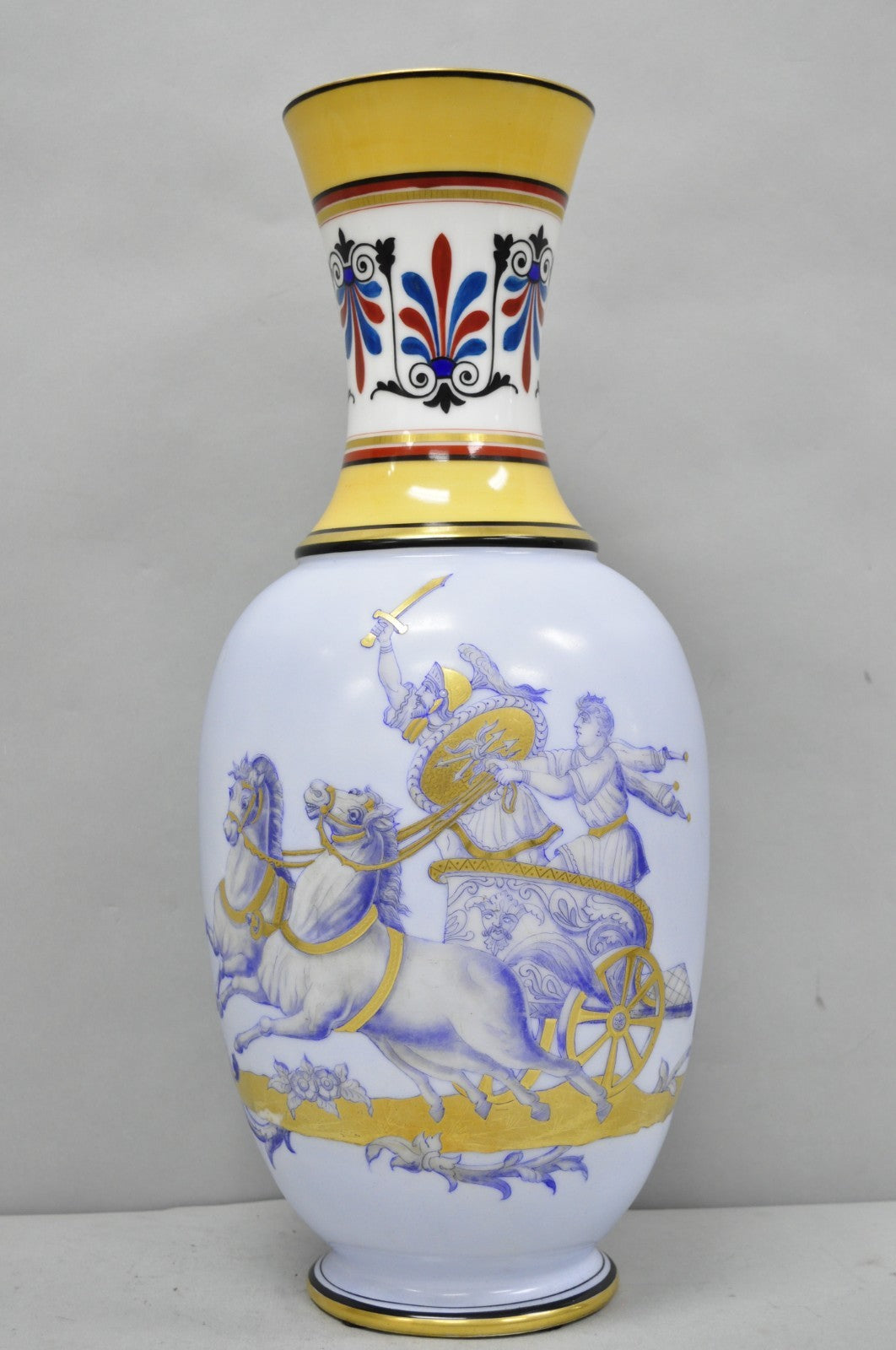 Vintage Greco Roman Classical Style Light Blue Porcelain Horse & Chariot Vase