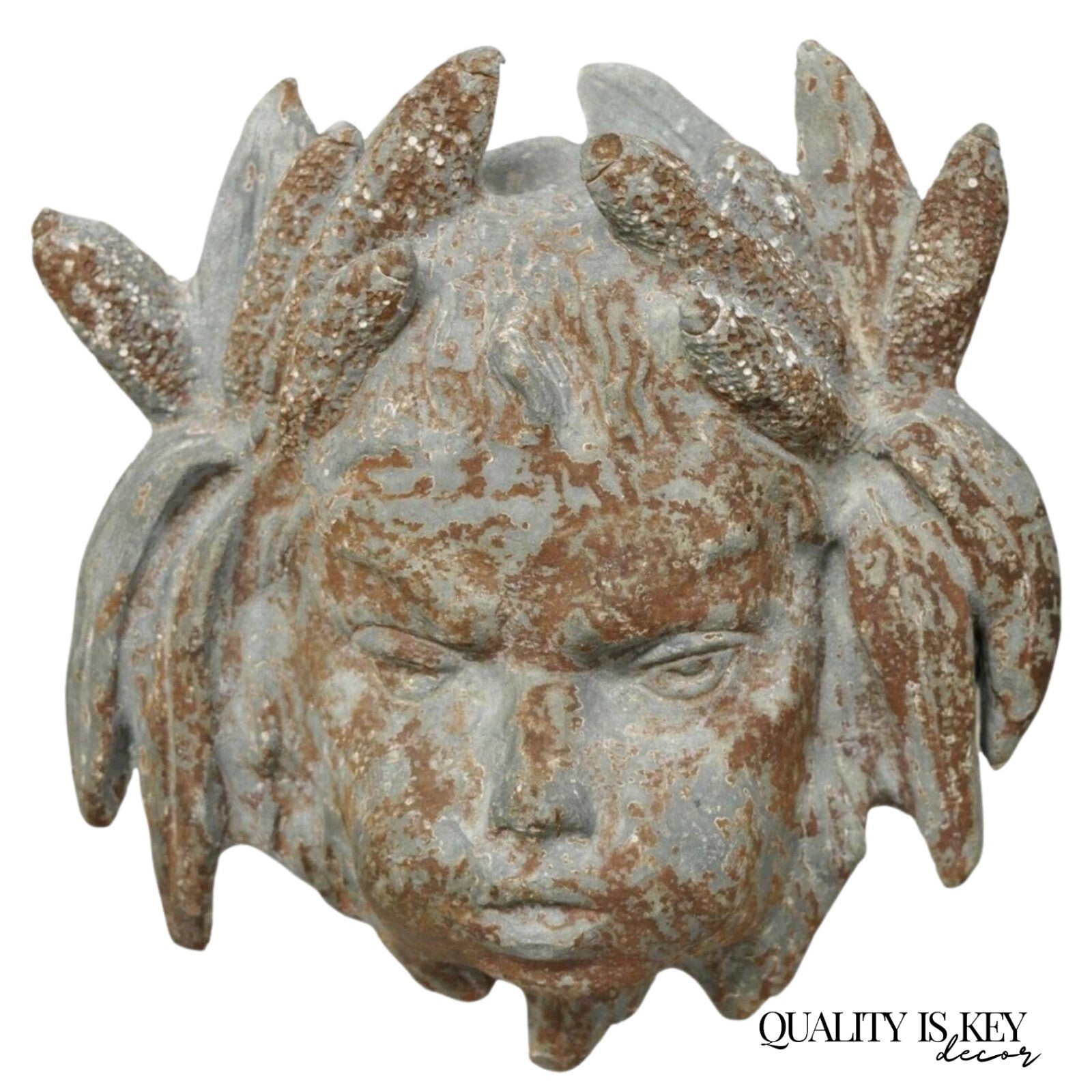 Antique French Neoclassical Small Lead Cherub Head Wall Fountain Garden Art