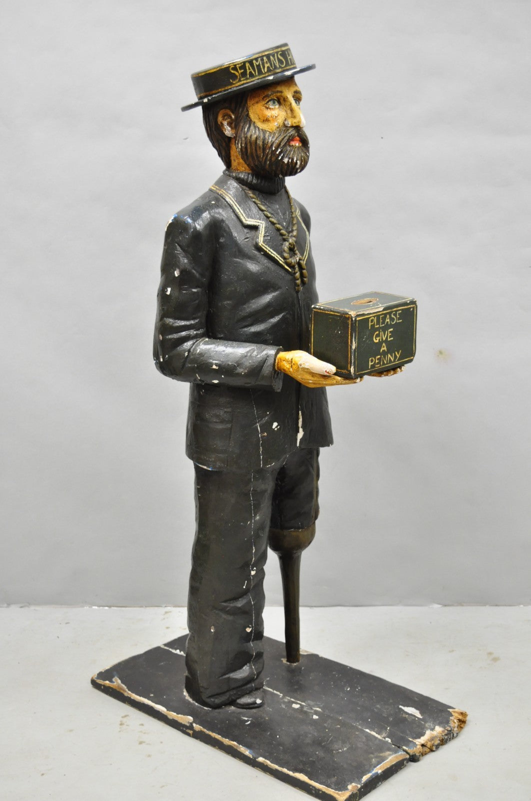 54" Tall Maritime Nautical Wood Peg Leg Seaman Bank Figure "Please Give a Penny"