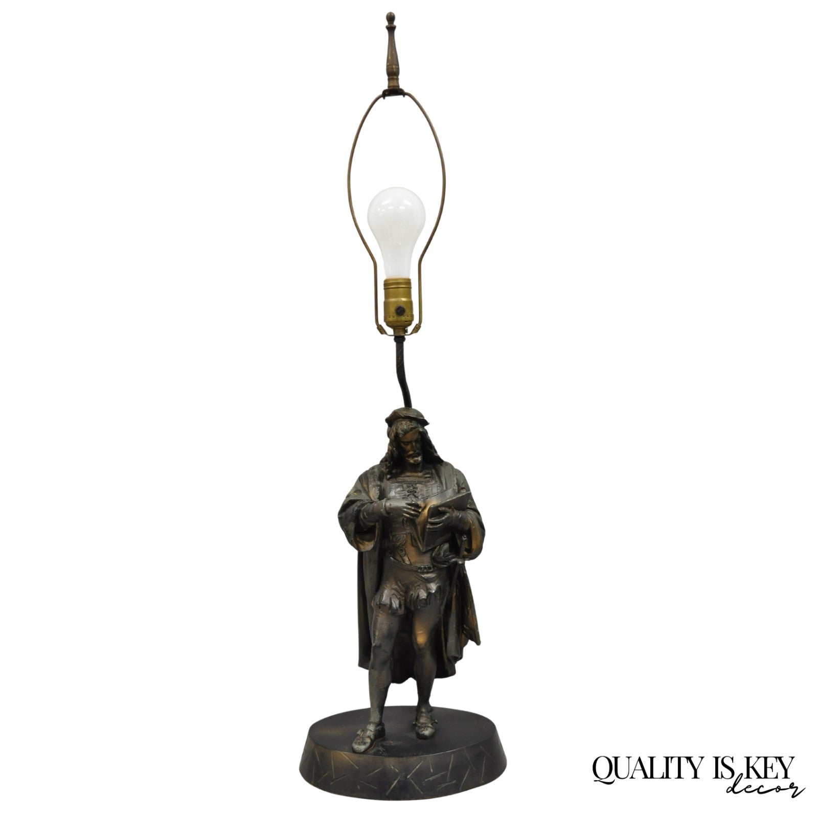 Antique French Renaissance Spelter Metal Statue of Cardinal Mazarin Table Lamp