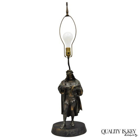 Antique French Renaissance Spelter Metal Statue of Cardinal Mazarin Table Lamp