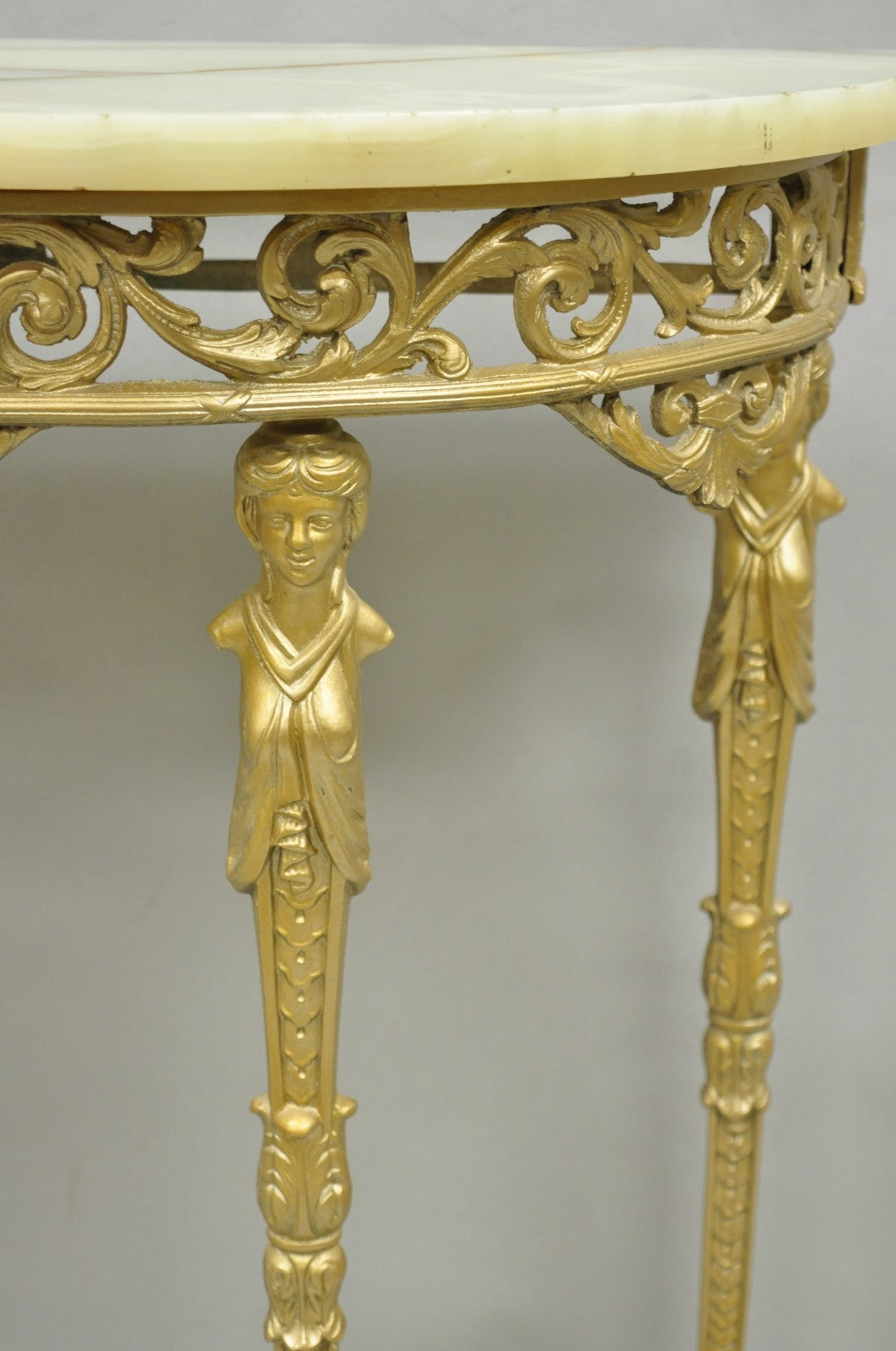 Antique Gothic Revival Oscar Bach Style Figural Bronze & Onyx Gold Console Table