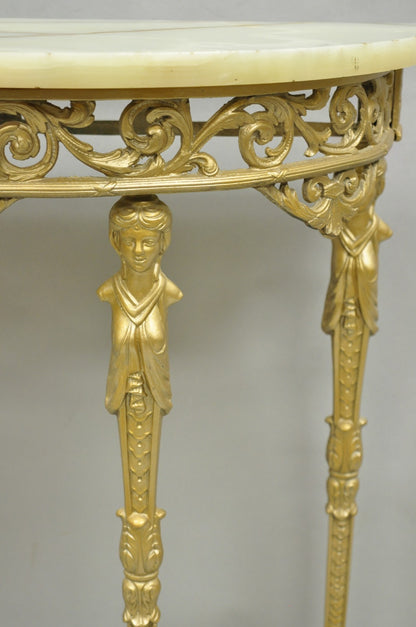 Antique Gothic Revival Oscar Bach Style Figural Bronze & Onyx Gold Console Table