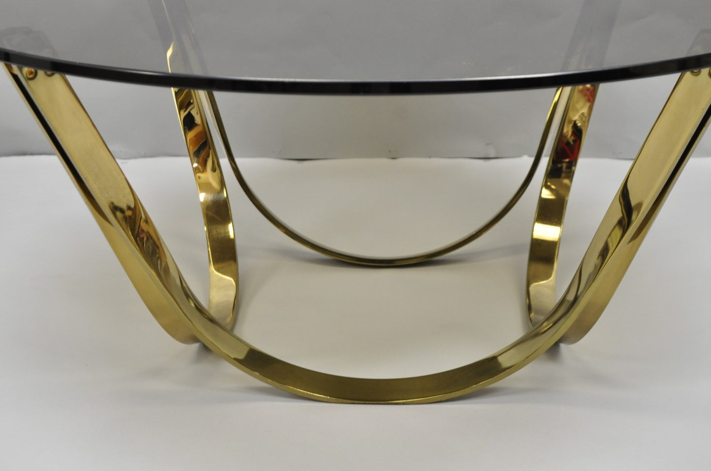 Tri-Mark Mid Century Modern Brass Plated Steel Smoked Glass Arch Coffee Table