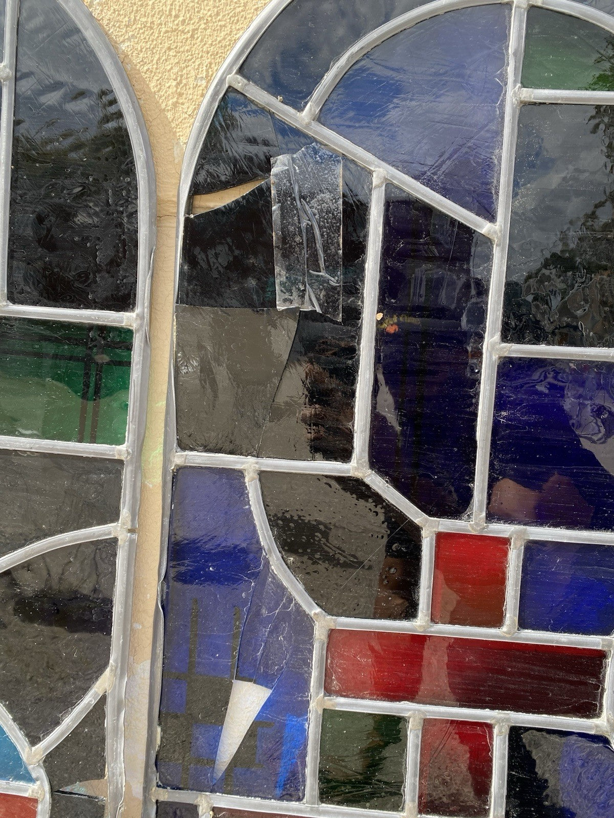 Vintage Art Deco Blue & Red Leaded Stained Glass Arched Window w/ Cross - 5 Pcs