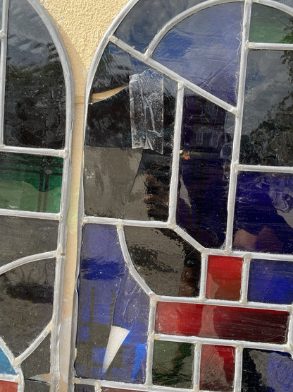 Vintage Art Deco Blue & Red Leaded Stained Glass Arched Window w/ Cross - 5 Pcs