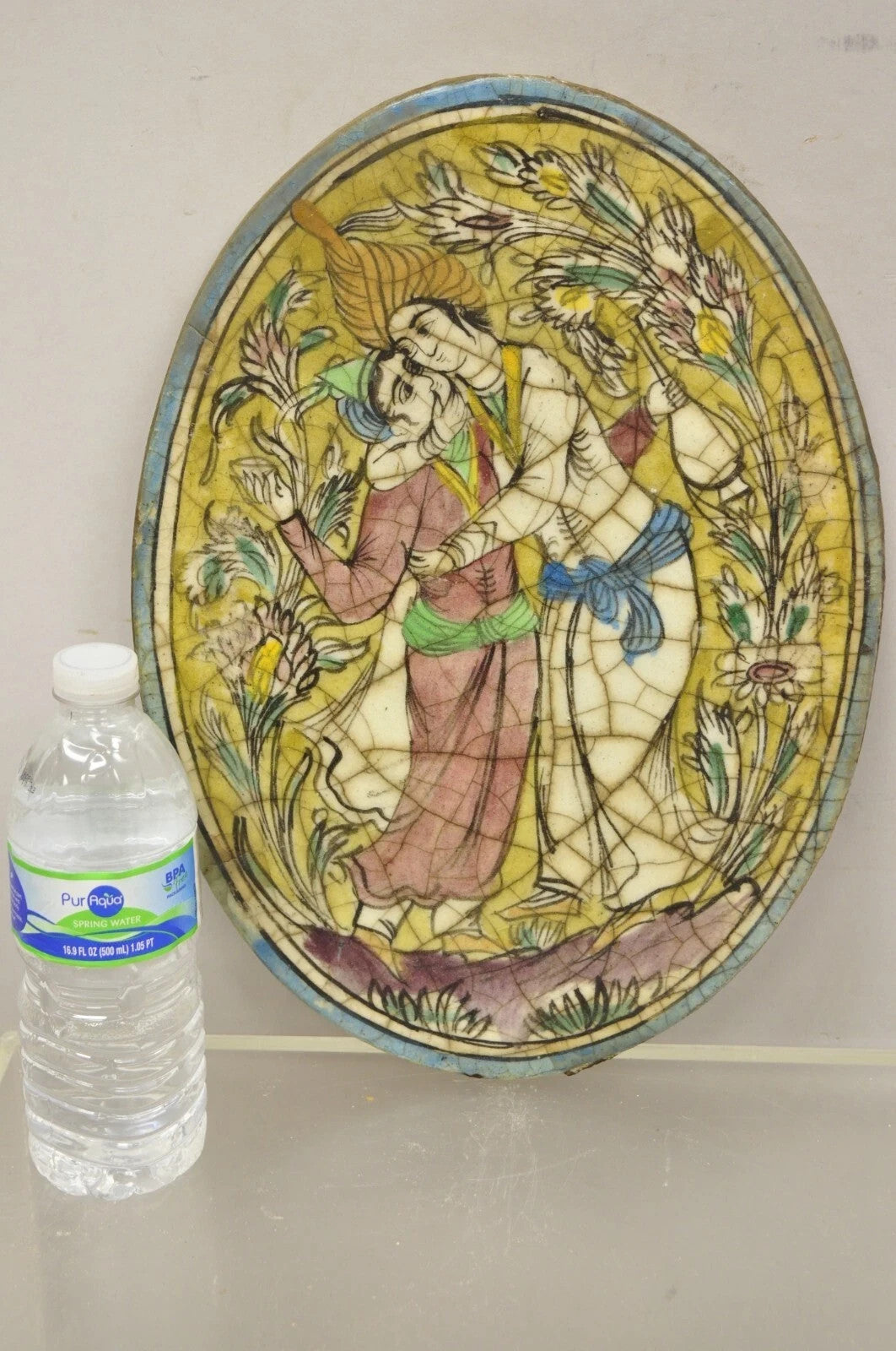 Antique Persian Iznik Qajar Style Ceramic Pottery Oval Tile Hugging Couple C3
