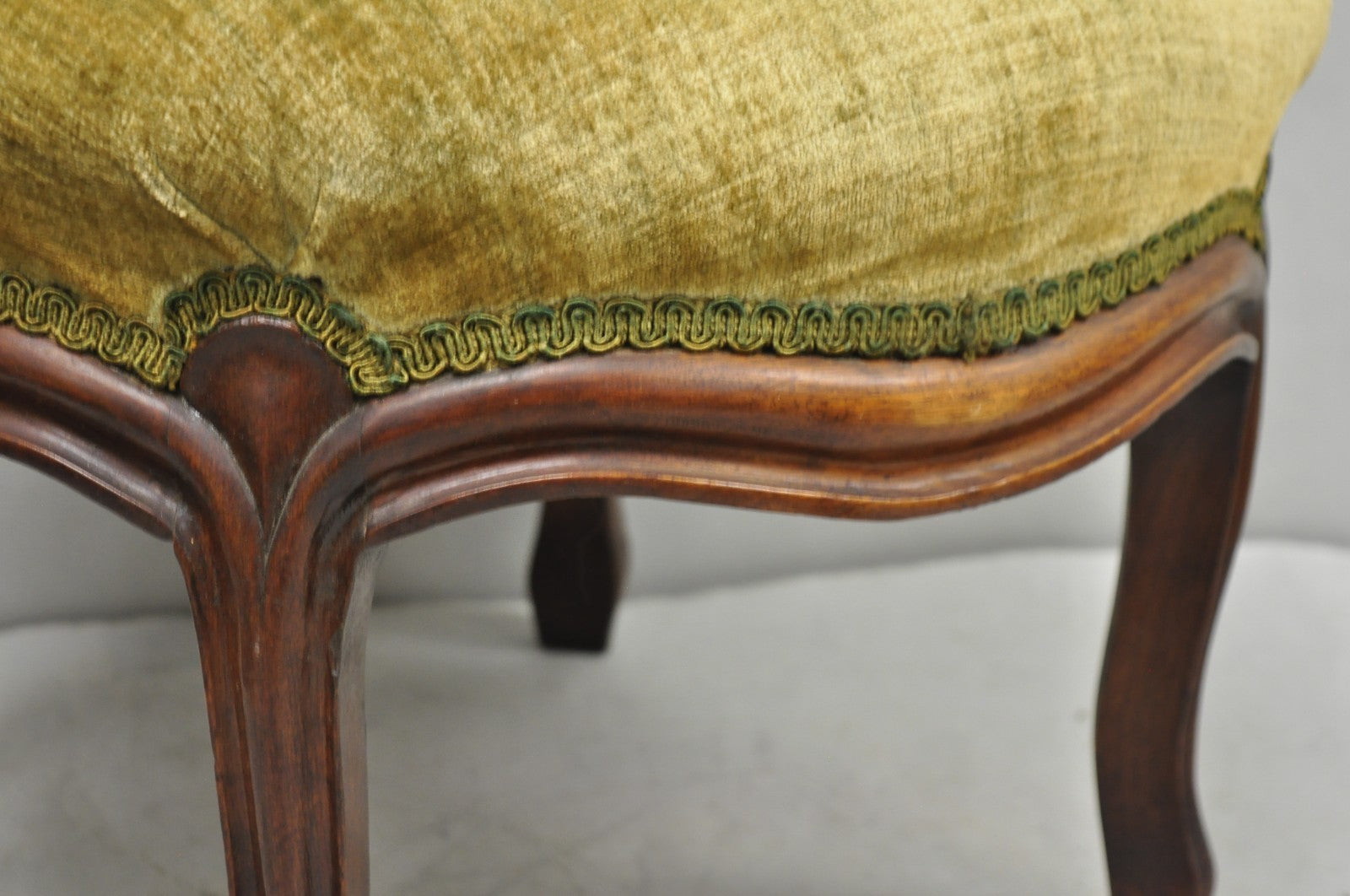 Antique Victorian Carved Mahogany Green Mohair Fabric Round Footstool Ottoman