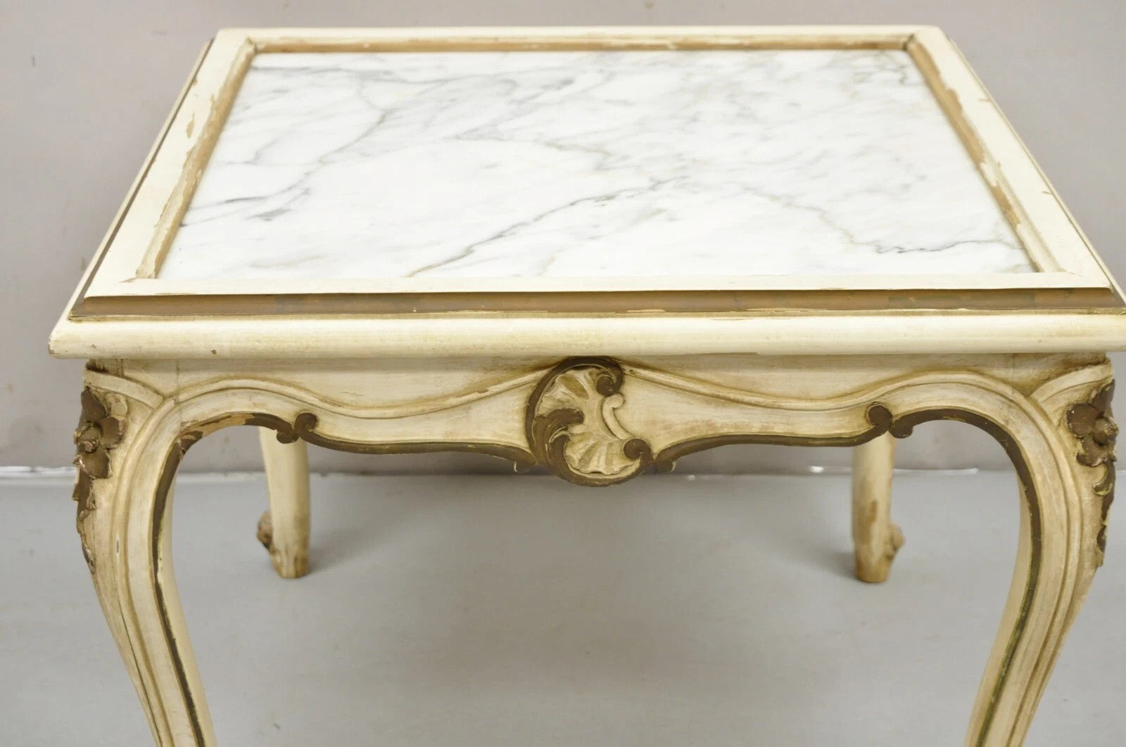 Vintage French Louis XV Style White Painted Marble Top Low Square Coffee Table