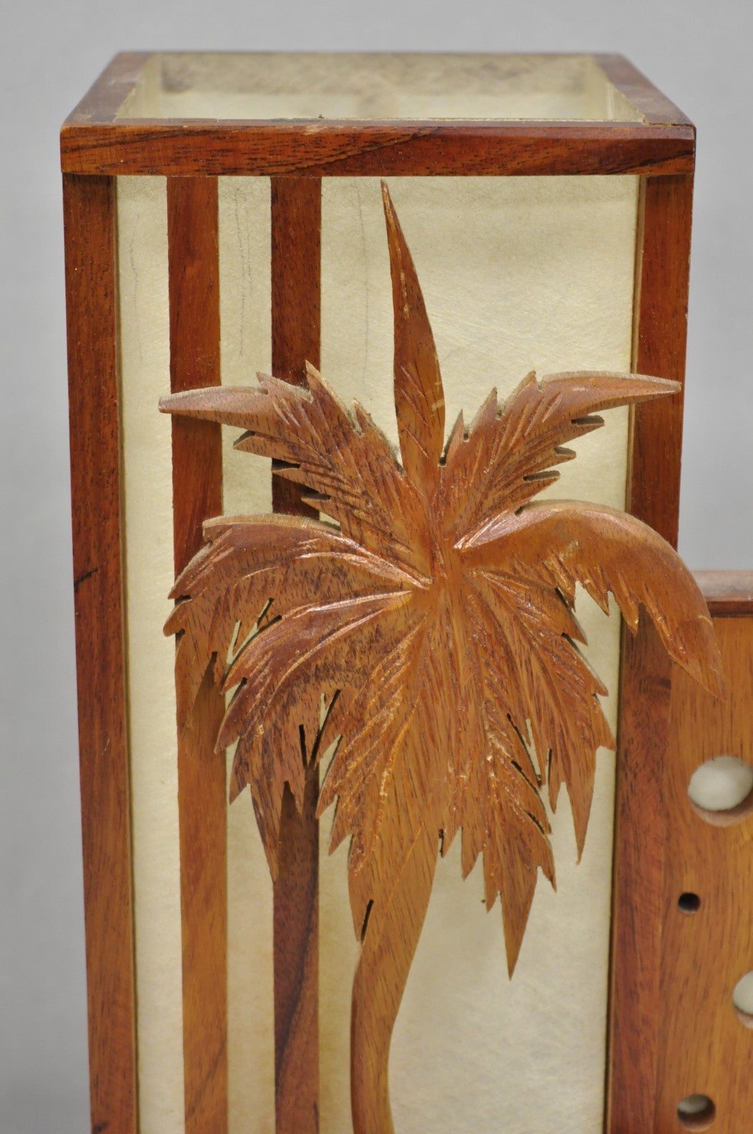 Vintage Mid Century Modern Carved Hawaiian Koa Wood Palm Tree Tiki Table Lamp