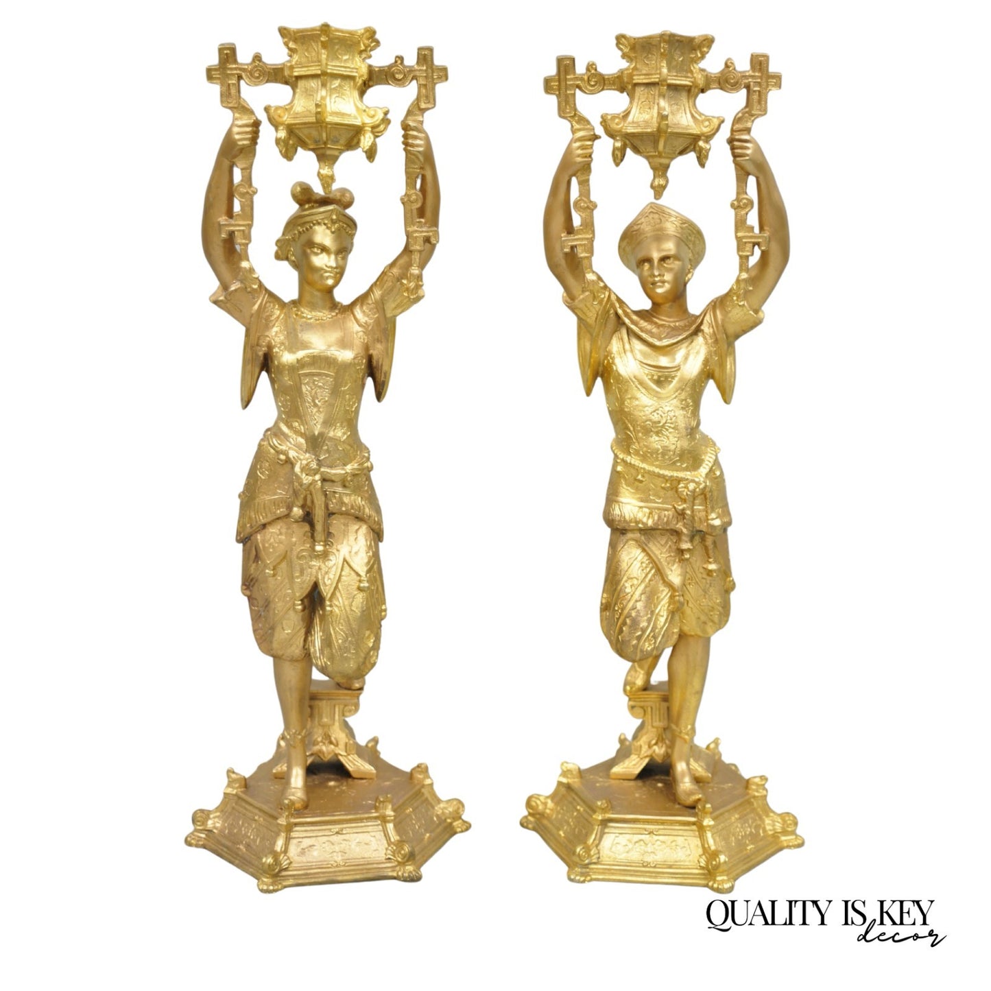Antique Orientalist Gold Gilt Bronze Figural Male and Female Candlesticks - Pair