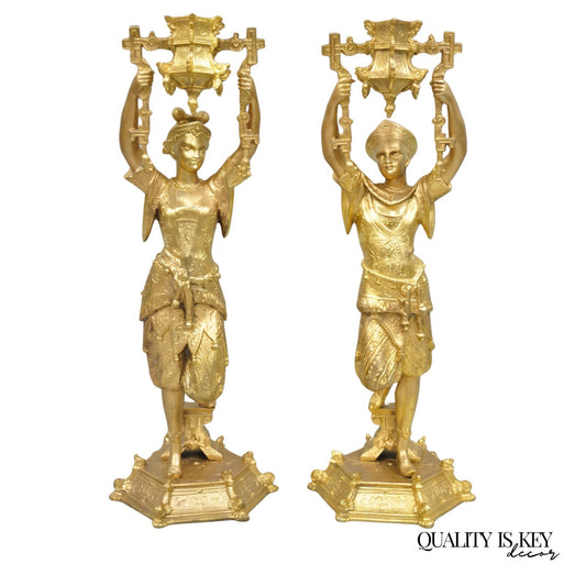 Antique Orientalist Gold Gilt Bronze Figural Male and Female Candlesticks - Pair