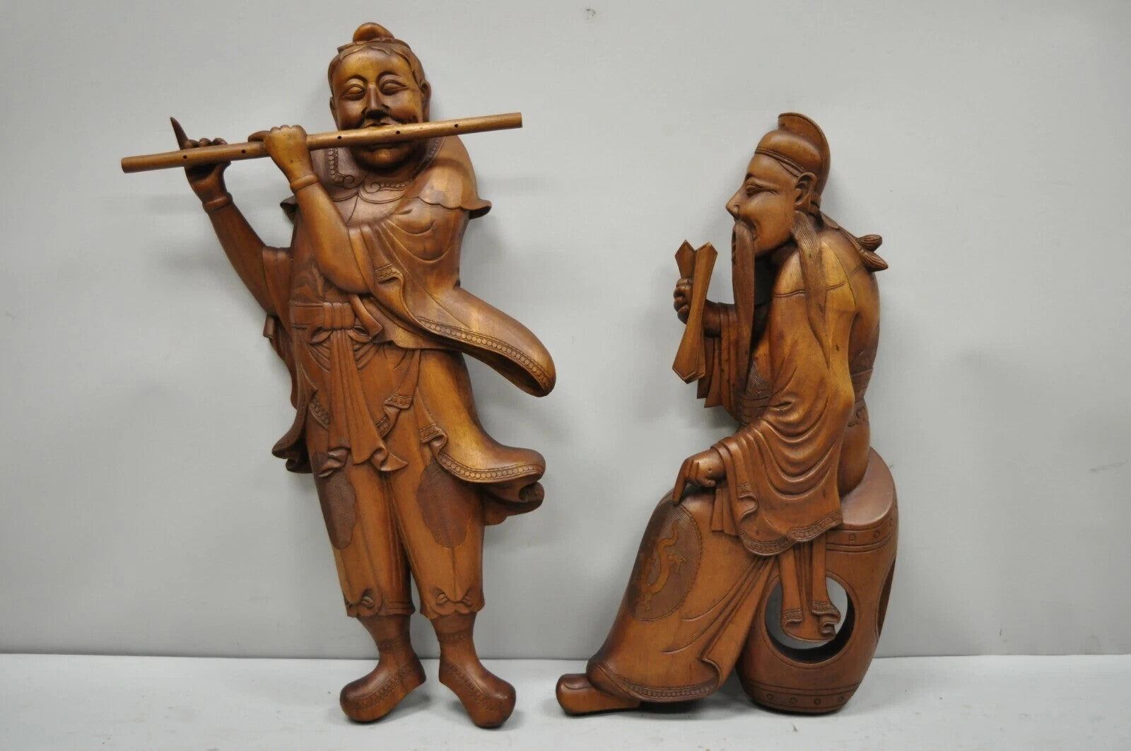 Vintage Ricardo Lynn Carved Teak Wood Oriental Figures Flute Player Wiseman Pair