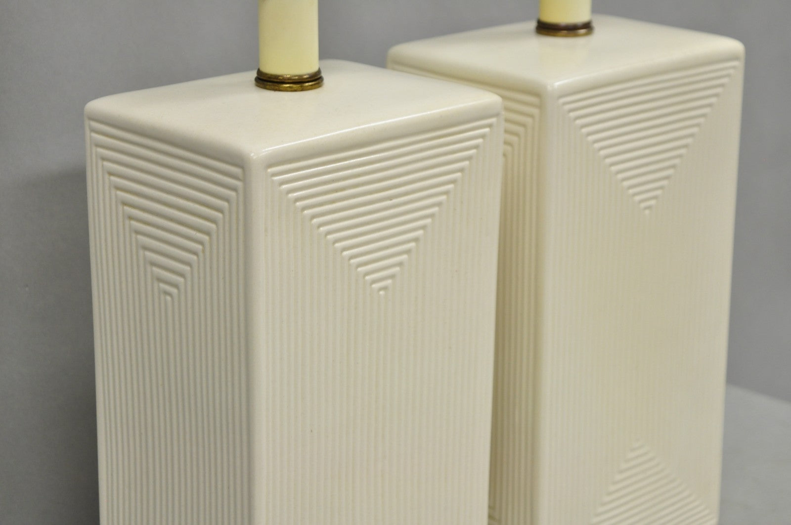Vintage Mid Century Modern White Geometric Ceramic Cubist Table Lamps - a Pair