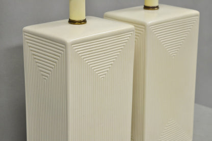 Vintage Mid Century Modern White Geometric Ceramic Cubist Table Lamps - a Pair