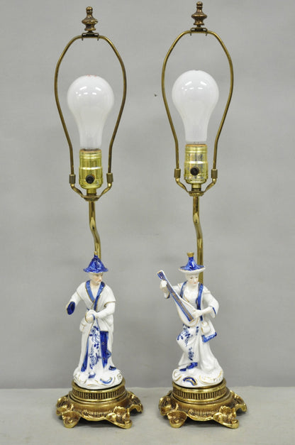 Vintage Chinoiserie Small Figural Porcelain Blue White Oriental Table Lamp Pair