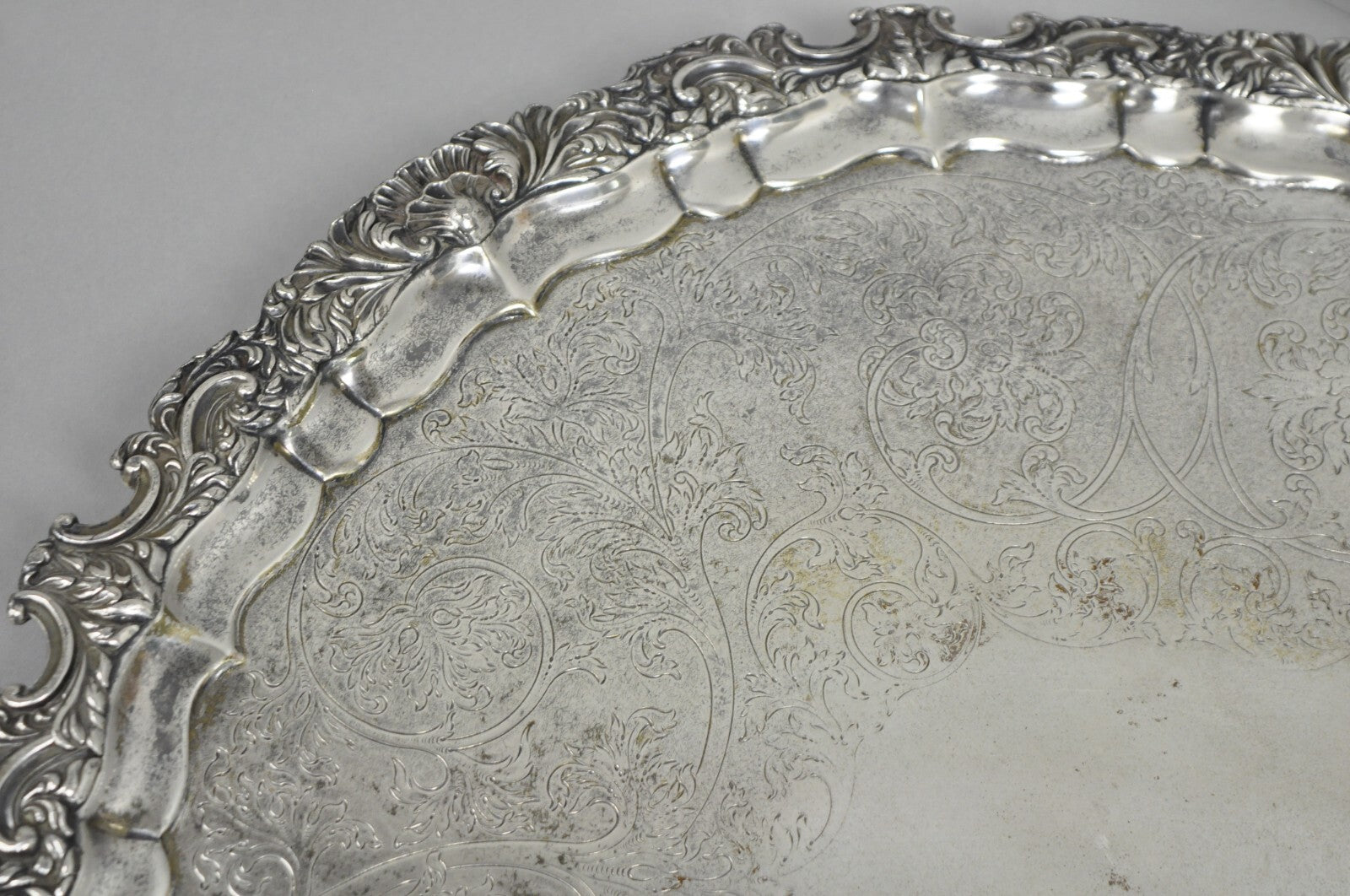 Antique English Victorian 22" Round Silver Plated Serving Platter Salver Tray