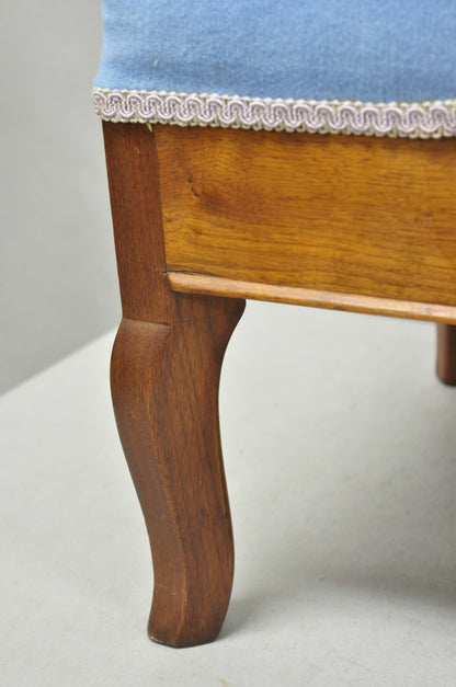 Antique Victorian Walnut Cabriole Leg Blue Tufted Footstool Ottoman Stool