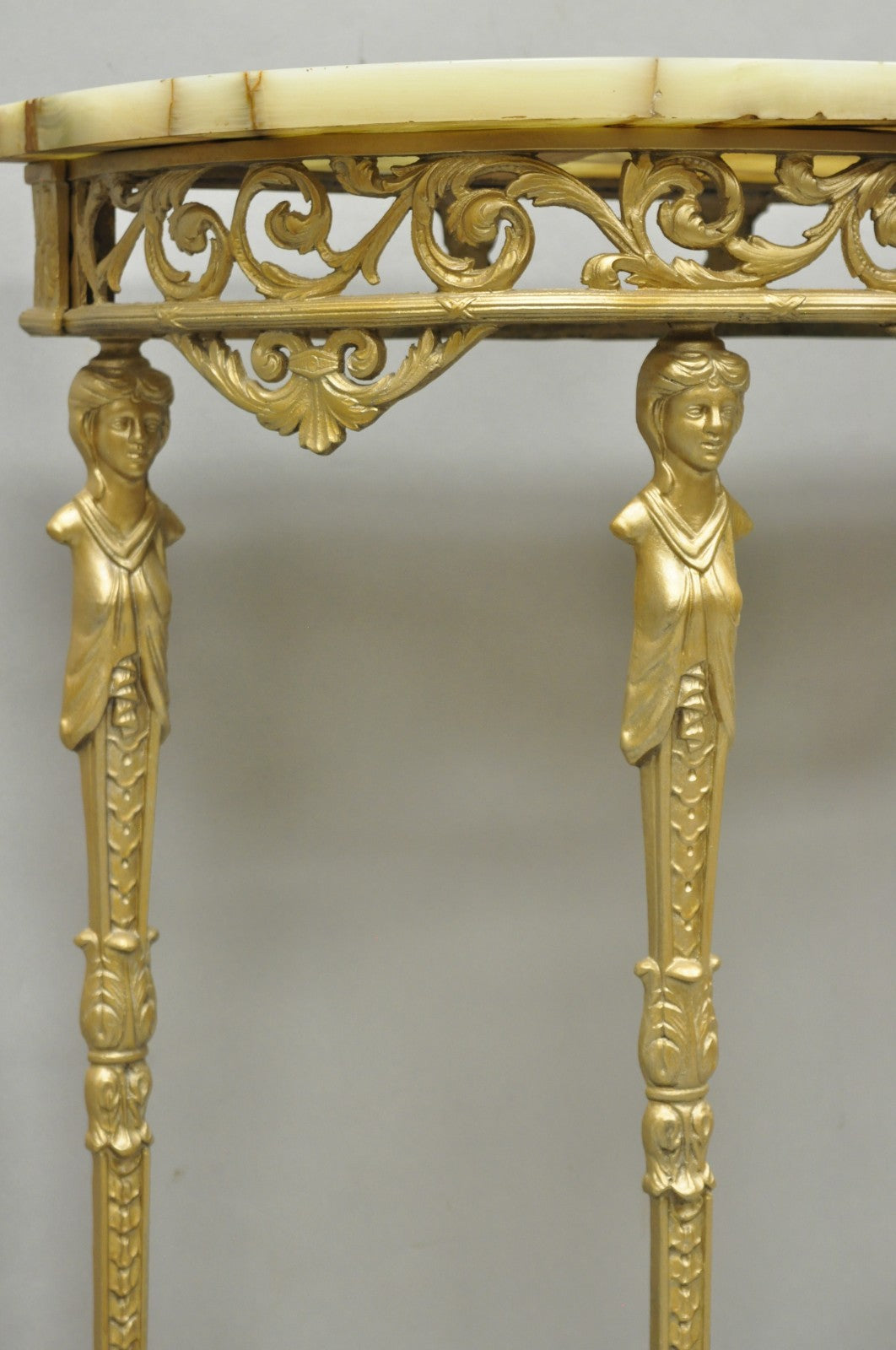 Antique Gothic Revival Oscar Bach Style Figural Bronze & Onyx Gold Console Table