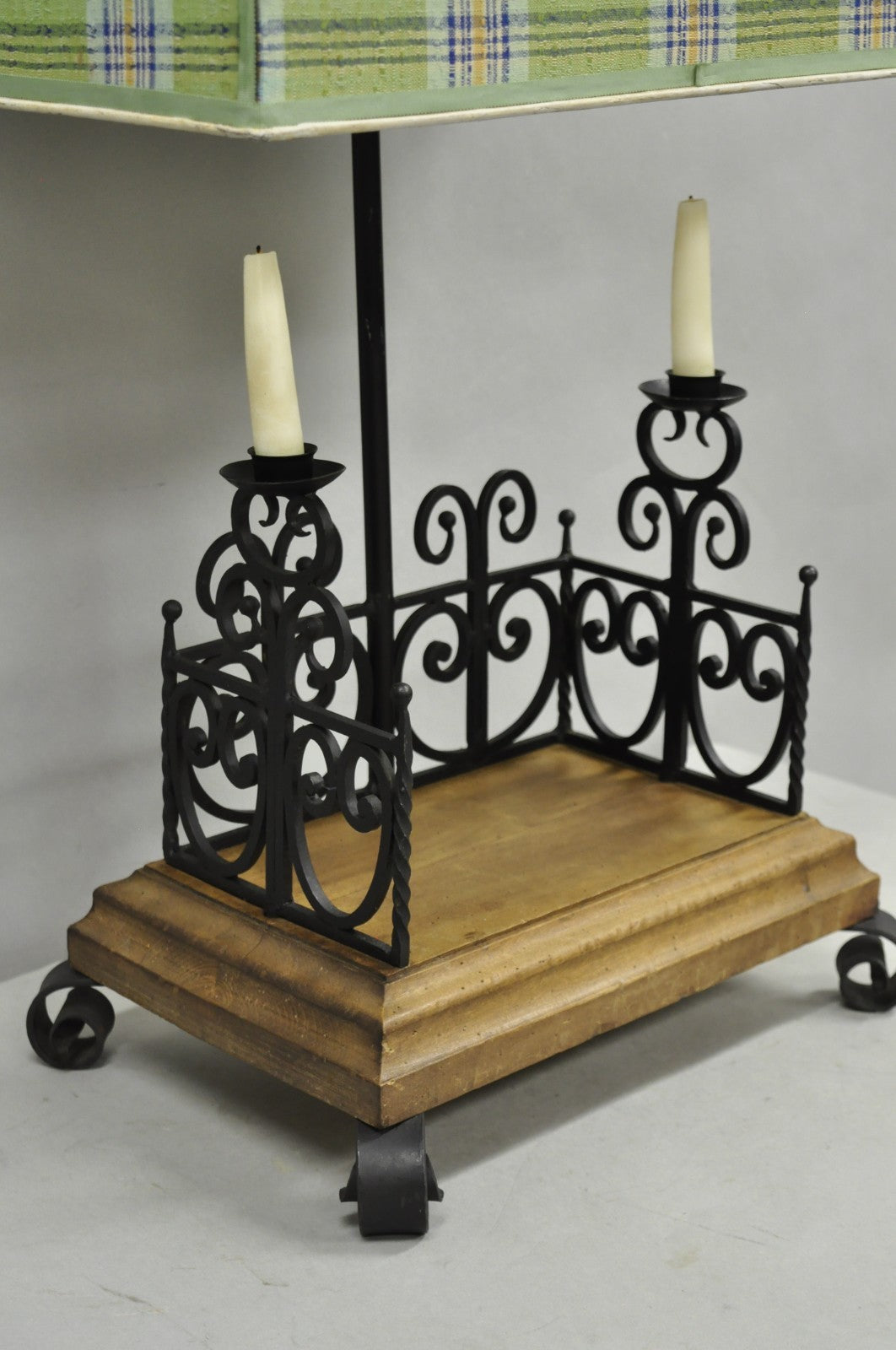 Vintage French Country Gothic Renaissance Scrolling Wrought Iron Wood Table Lamp