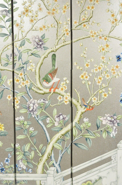 Vintage Chinoiserie Silver Leaf Birds Butterflies 4 Panel Screen Room Divider A