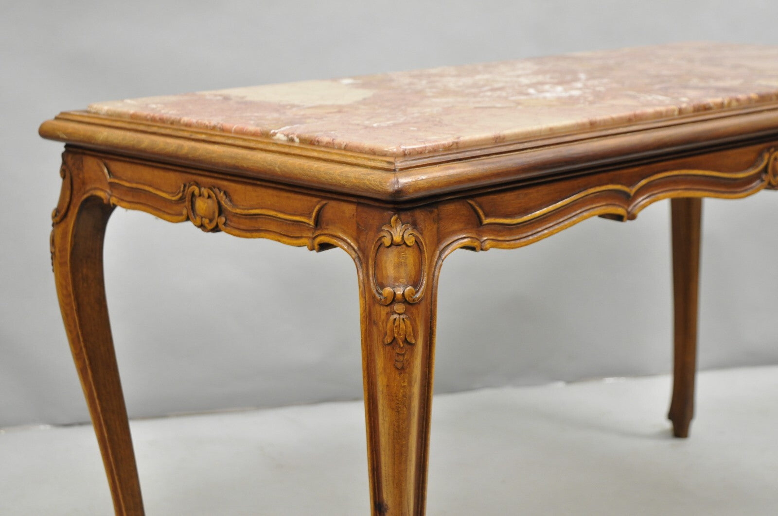 Antique French Louis XV Style Carved Walnut Rouge Marble Top Console Hall Table