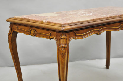 Antique French Louis XV Style Carved Walnut Rouge Marble Top Console Hall Table