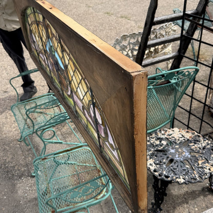 Antique Art Nouveau Colored Stained Glass Fruit 27 x 75 Arched Transom Window, B