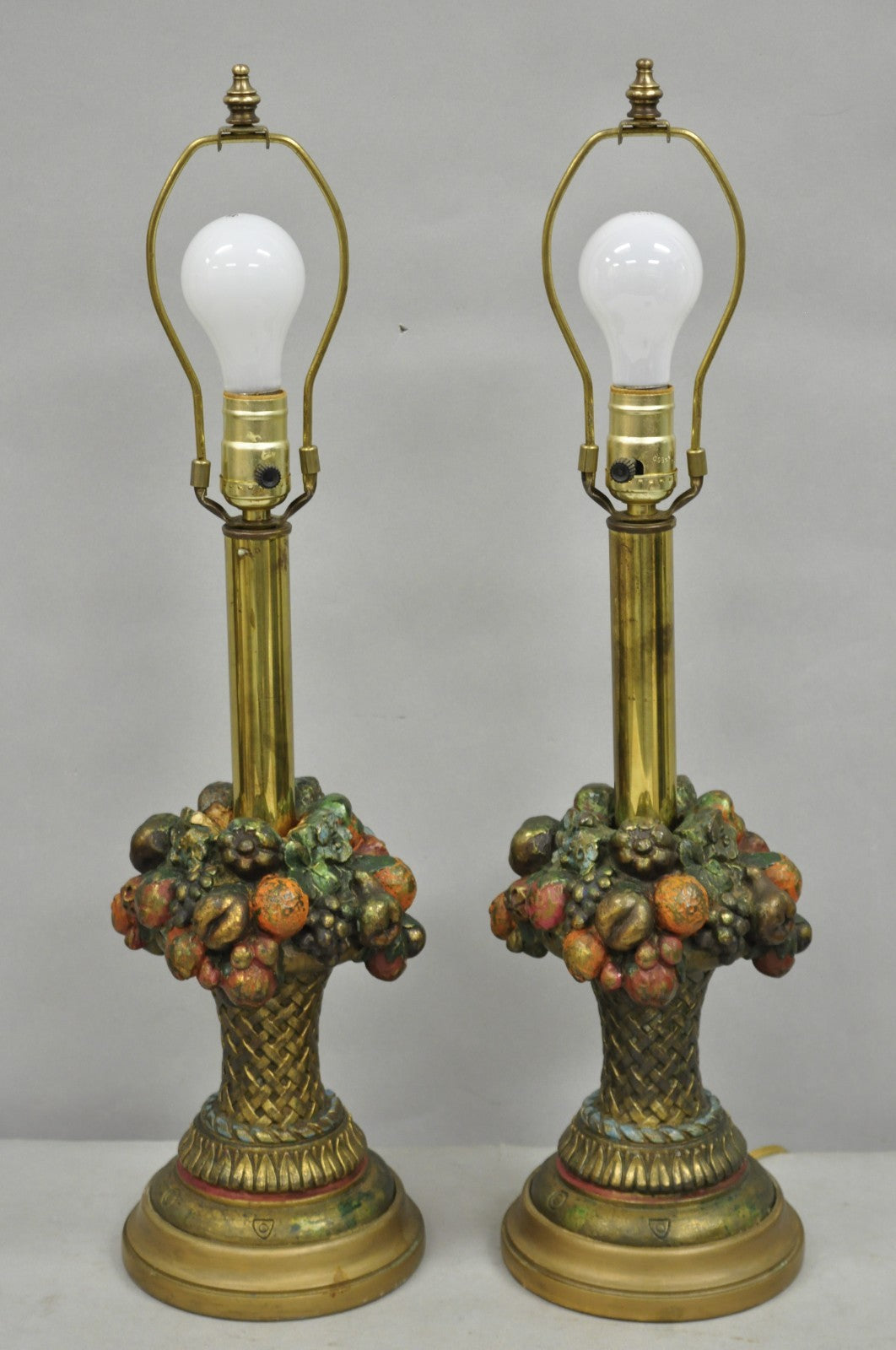 Armor Bronze Co Victorian Flower Fruit Basket Bouquet Small Table Lamps - a Pair