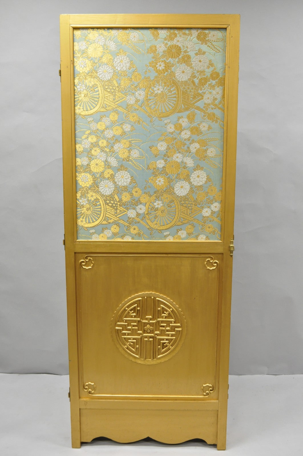 Vintage Chinoiserie Lattice Fretwork 4 Panel Gold Folding Screen Room Divider