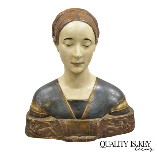 Vintage Polychrome Plaster Bust Ippolita Maria Sforza Statue Renaissance Style