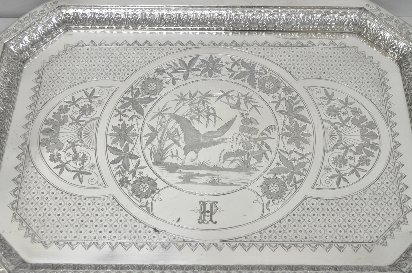 Antique Rogers Smith & Co Art Nouveau Large Silver Plated Crane Bird Etched Tray