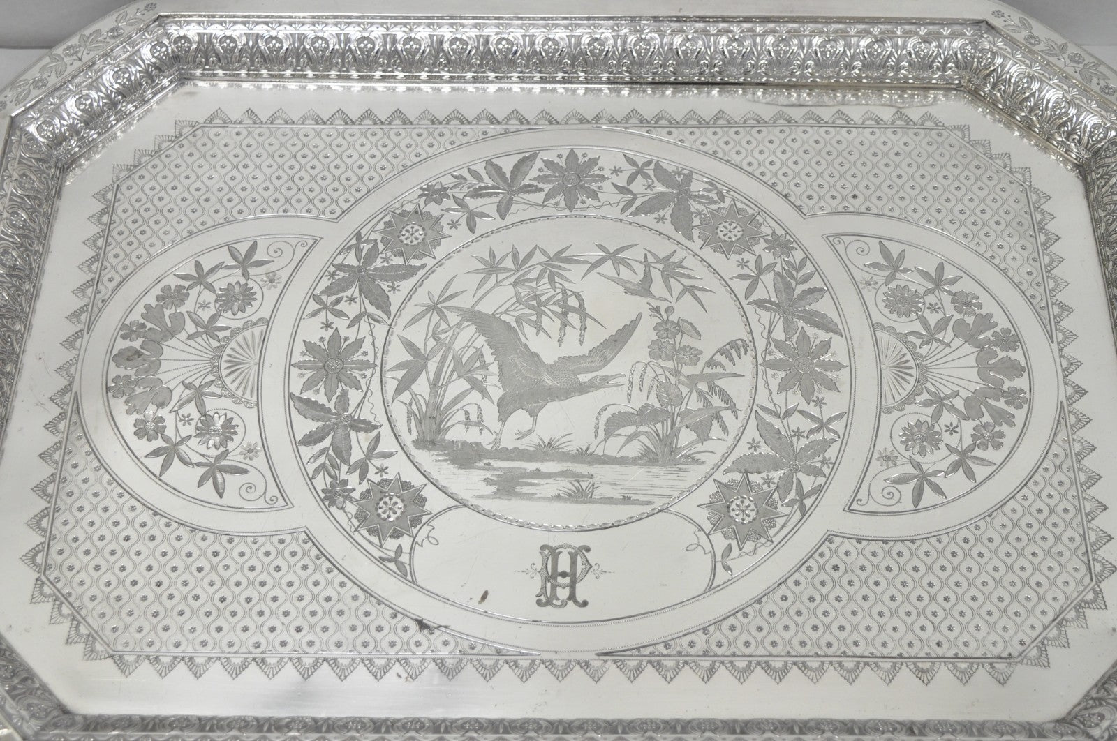 Antique Rogers Smith & Co Art Nouveau Large Silver Plated Crane Bird Etched Tray