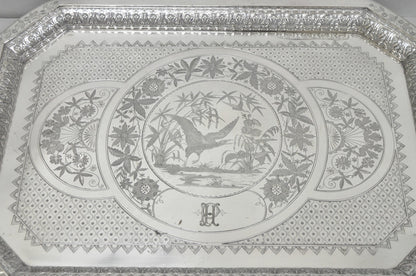 Antique Rogers Smith & Co Art Nouveau Large Silver Plated Crane Bird Etched Tray