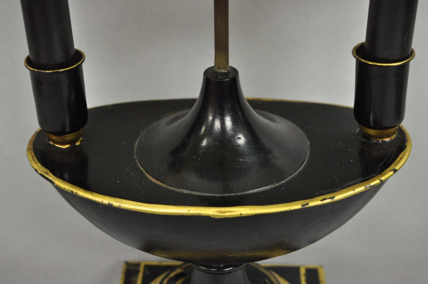 Antique French Empire Black & Gold Tole Metal Urn Bouillotte Table Lamp w Shade