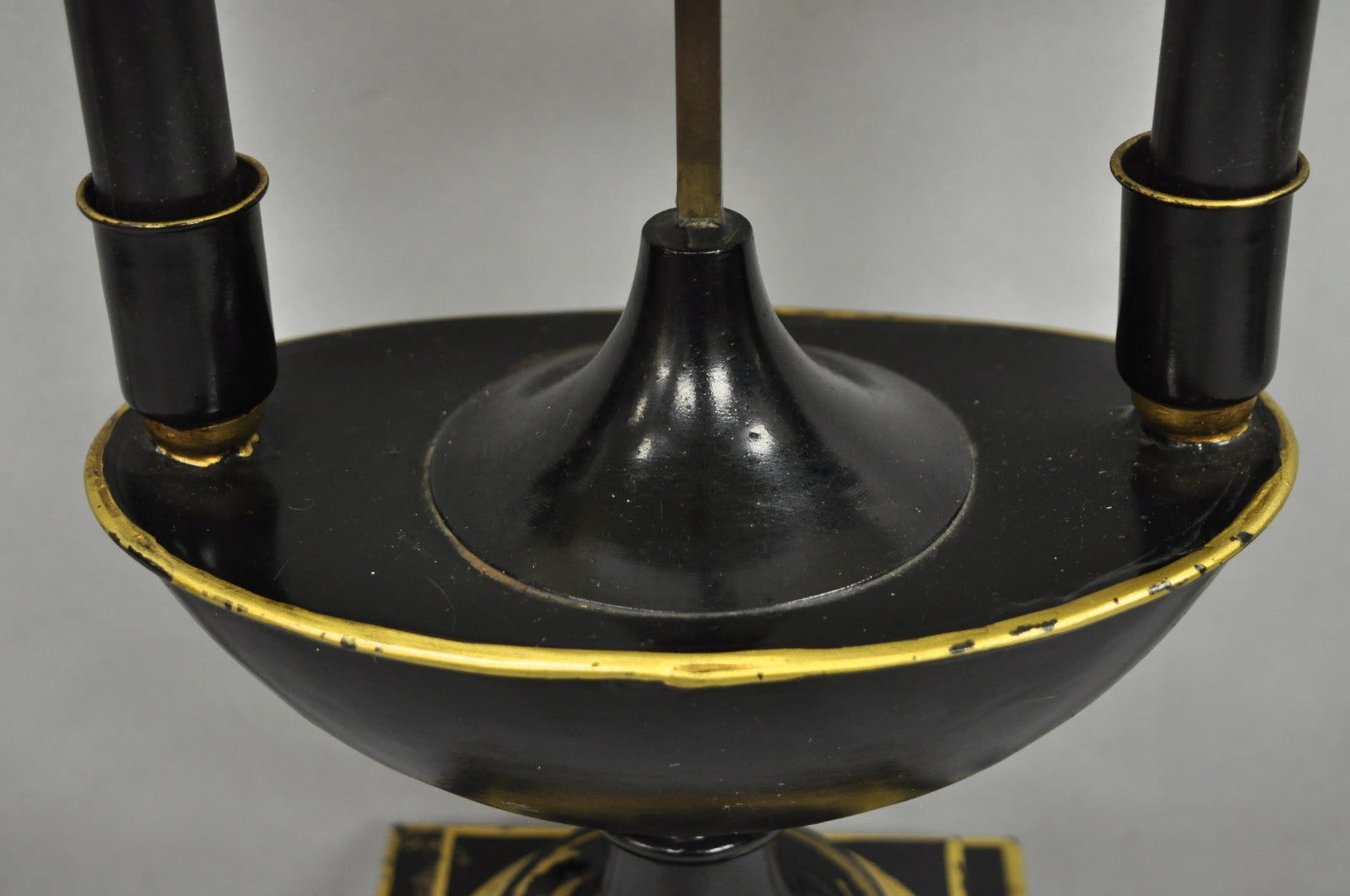 Antique French Empire Black & Gold Tole Metal Urn Bouillotte Table Lamp w Shade