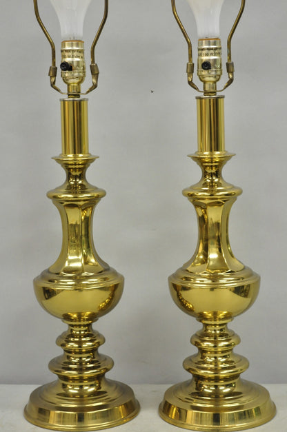 Vintage Hollywood Regency Brass Column Stiffel Style Gold Table Lamps - a Pair