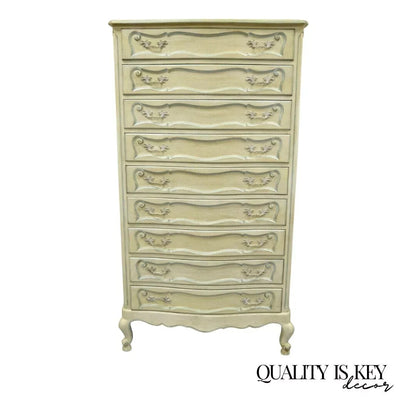 Vintage French Provincial Cream & Blue 9 Drawer Narrow 65" Tall Chest Dresser