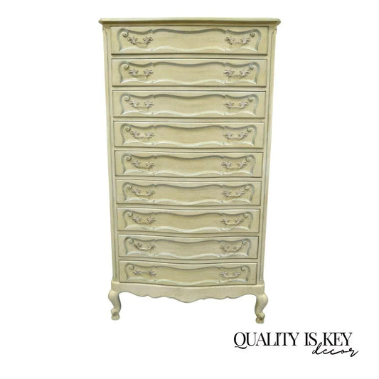 Vintage French Provincial Cream & Blue 9 Drawer Narrow 65" Tall Chest Dresser