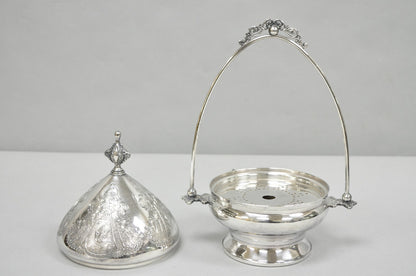 Antique English Art Nouveau Silver Plated Covered Butter Serving Dish w / Birds