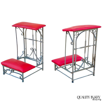 Antique Spanish Gothic Wrought Iron Kneeler Prie Dieu Prayer Benches - a Pair