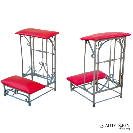 Antique Spanish Gothic Wrought Iron Kneeler Prie Dieu Prayer Benches - a Pair