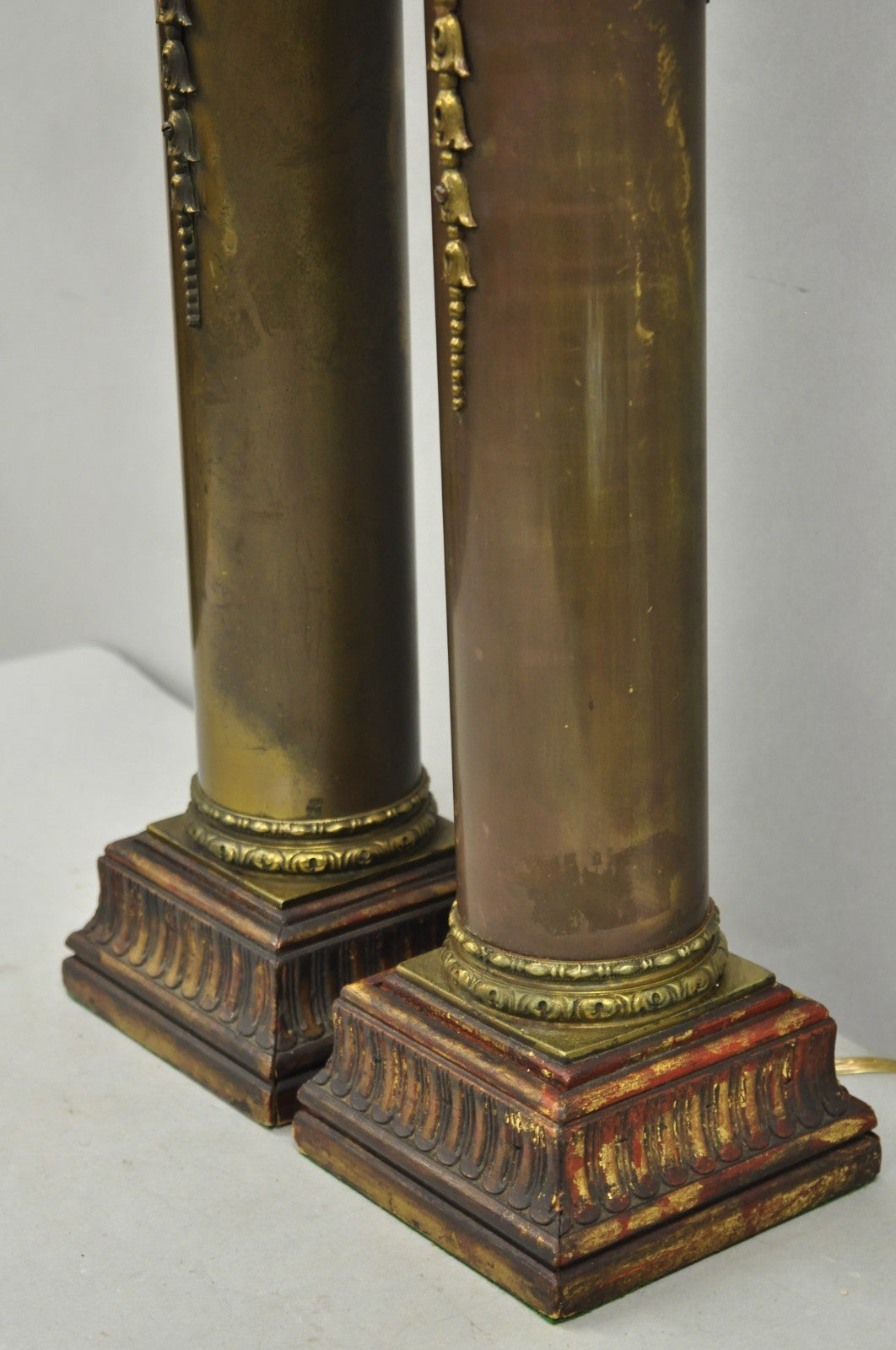 Antique French Empire Neoclassical Bronze Cylinder Tall Table Lamps - a Pair