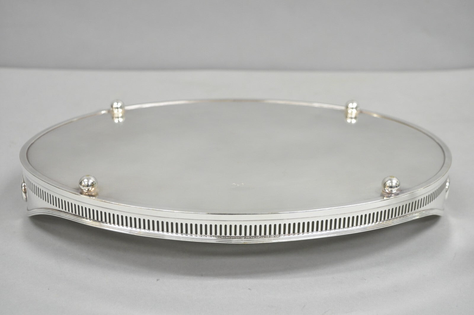 Antique English Sheffield Edwardian Silver Plated Oval 16" Bar Tray w/ Gallery