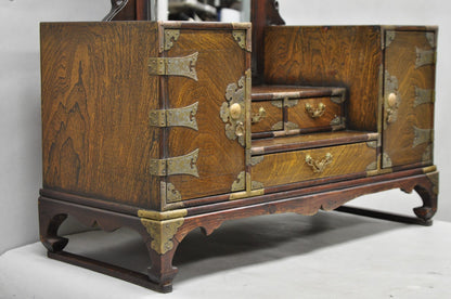 Antique Japanese Wood & Brass Small Low Kyodai Vanity Dressing Table with Mirror